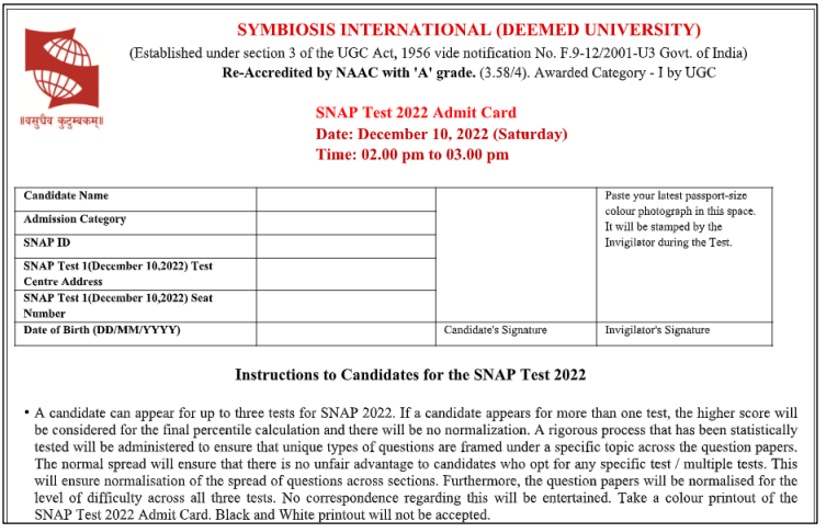 Sample Image of SNAP Test 2022 Admit Card