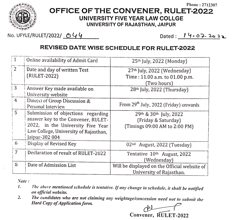 RULET Revised Schedule