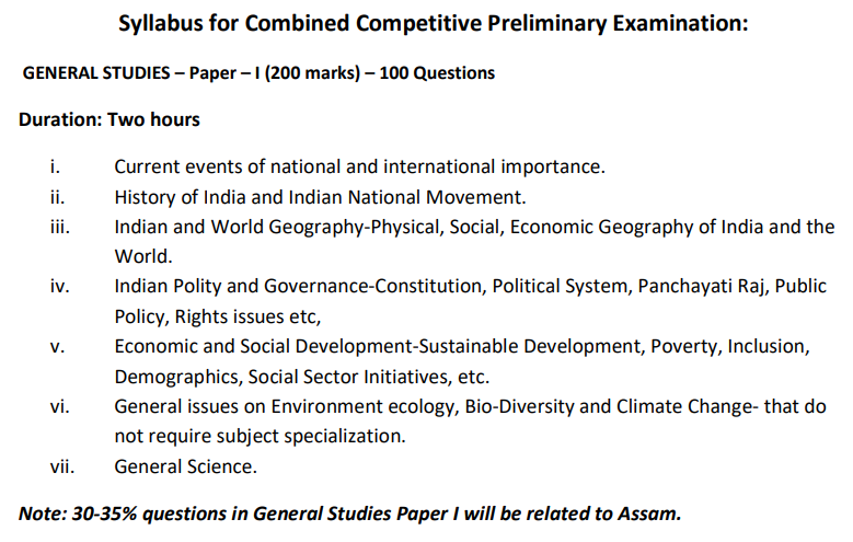 Assam CCE Prelims Paper-I Syllabus