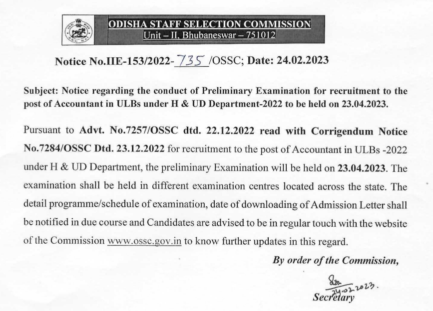 OSSC Preliminary Exam Date Accountant 2023